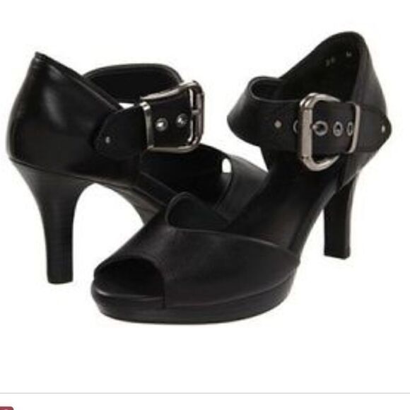 Leather oversized buckle strap peep toe heels! EXTREME COMFORT - Picture 1 of 8